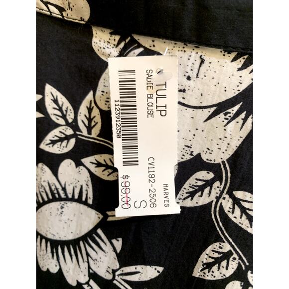 Tulip Sadie Blouse Shirt Women Size Small Black White Floral Cotton Relaxed Fit - Picture 7 of 10